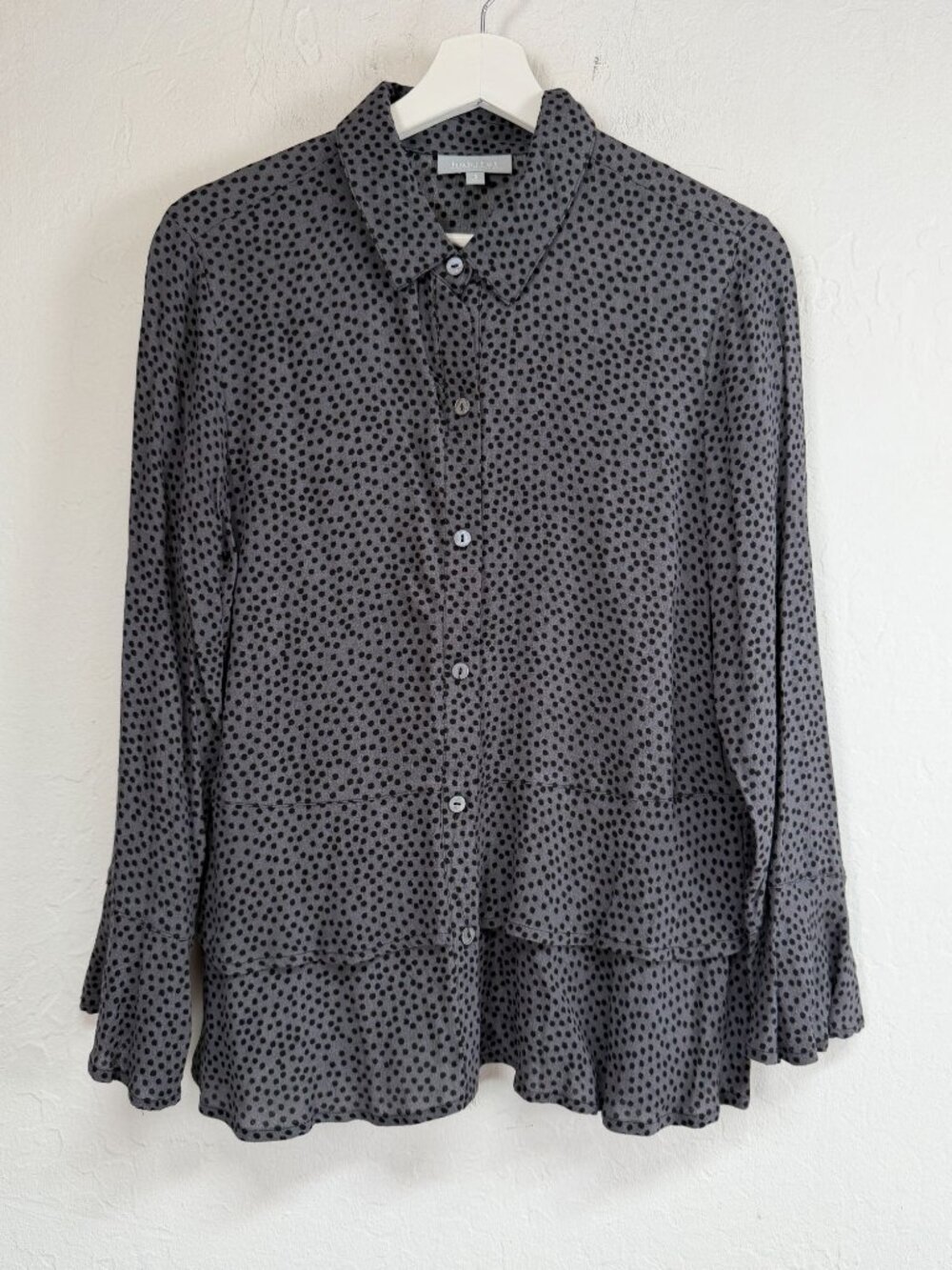 Habitat Grey Polka Dot Button Down Blouse Small Tiered Hem Ruffle Sleeve Top